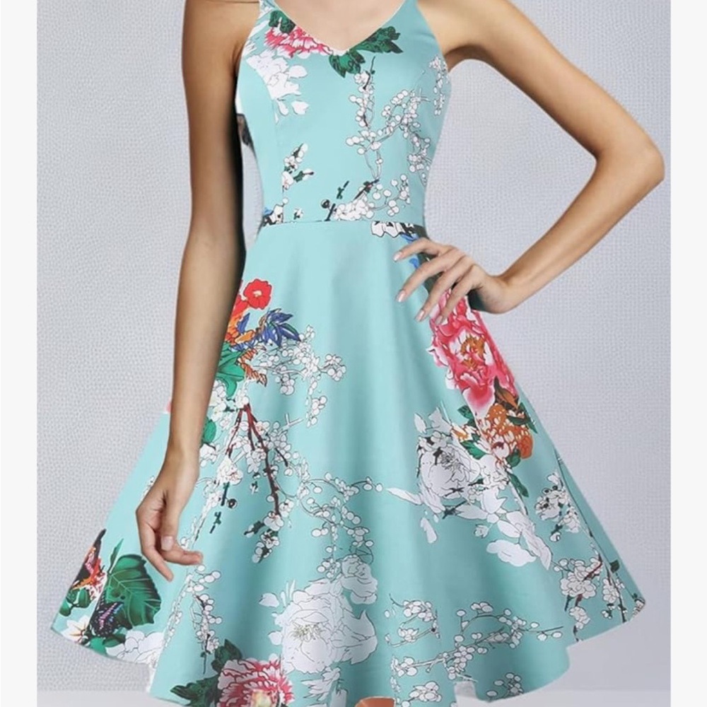Retro Spaghetti Strap picnic dress Light blue with painted floral print. NWOT - Picture 3 of 3